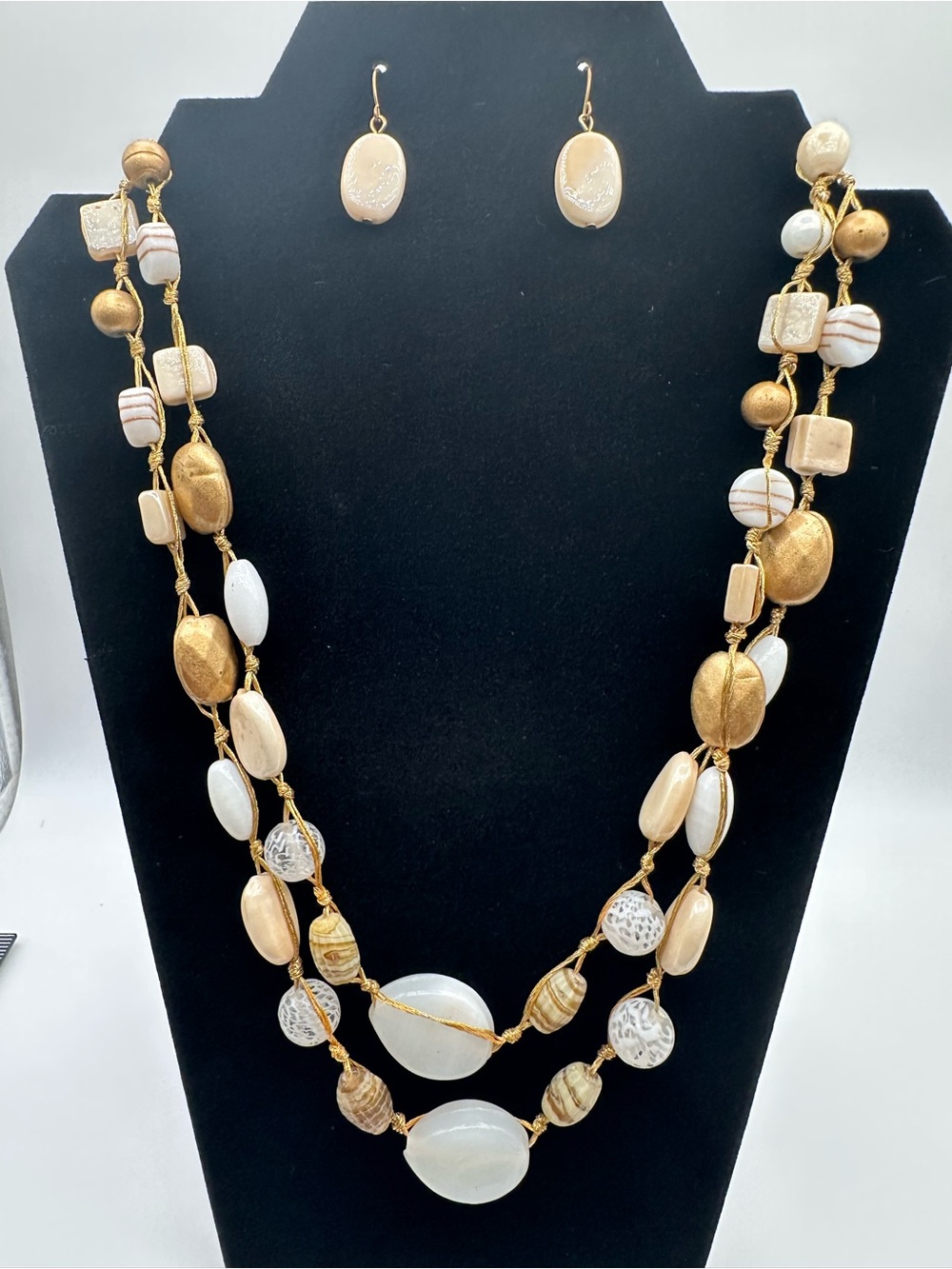 Cream Gold Multi Strand Beaded Necklace & Earrings Set  Natural Stones